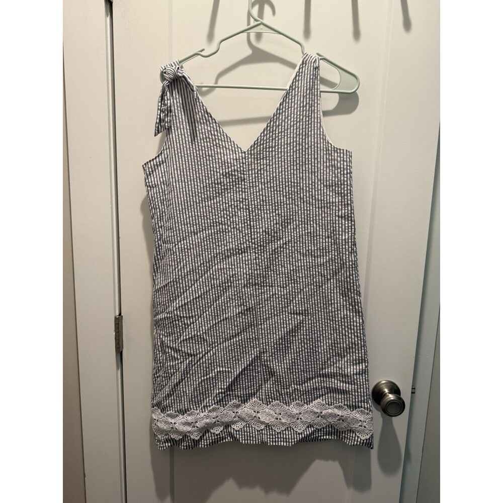 Duffield Lane Seersucker Sleeveless V-Neck Dress Striped Crochet Hem Medium Blue